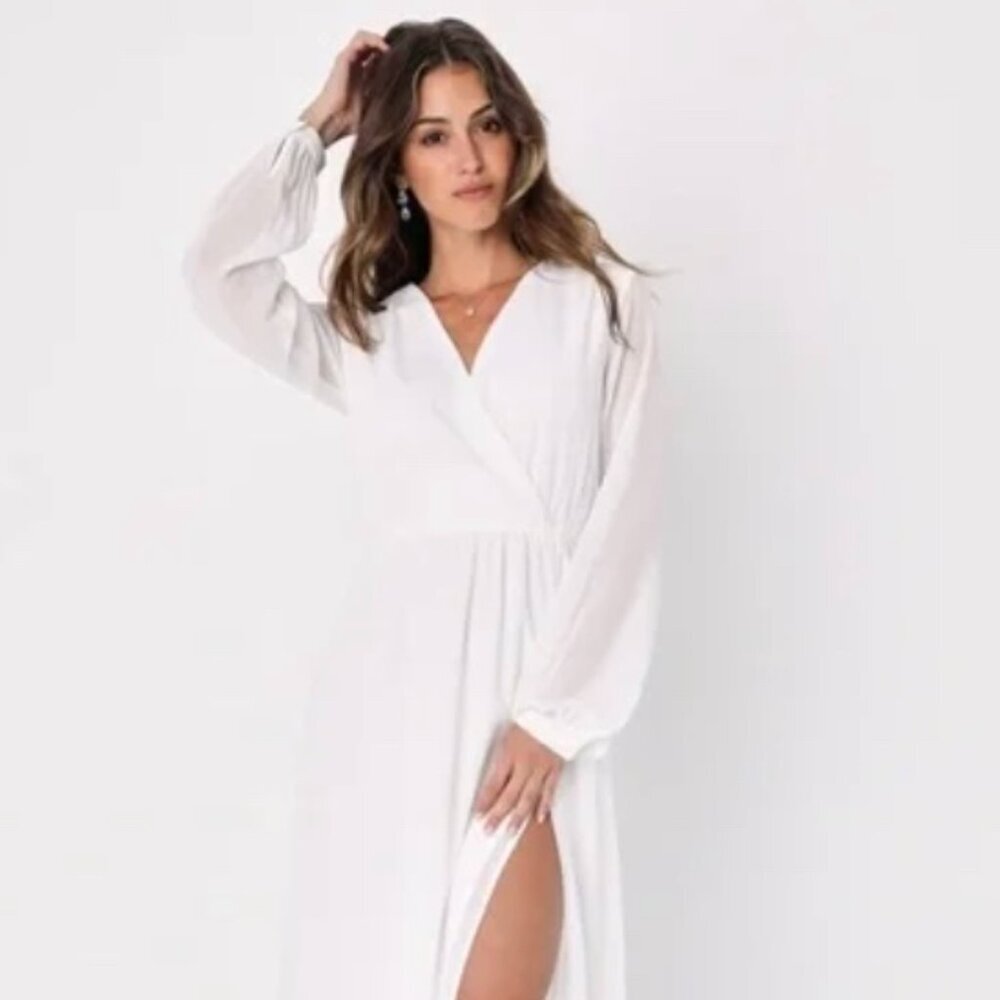 LULUS Water Lilies White Maxi Dress Chiffon High Leg Slit Size M NWT # - Picture 1 of 5